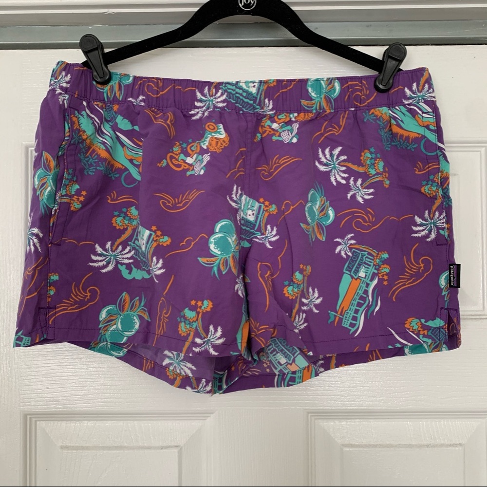 Patagonia barely baggies L, purple with island print
